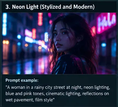 Neon night reference with cyan and magenta lighting reflecting on wet pavement around a person on a city street.