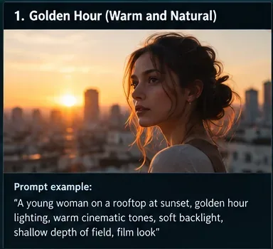 Golden-hour portrait reference showing warm sunset backlight and rim light around a person on a rooftop, with a sample lighting prompt below.