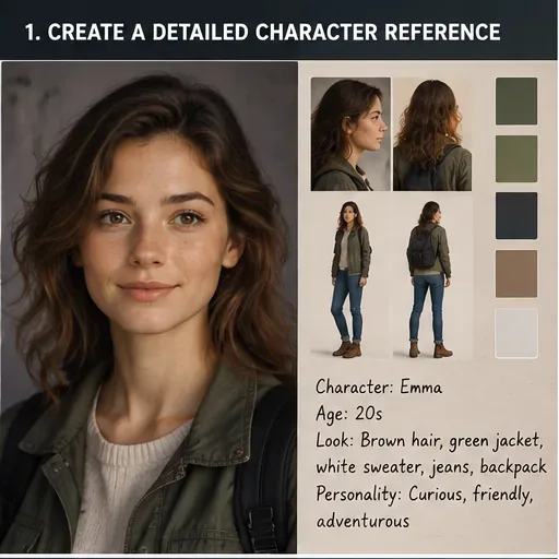 A character reference sheet showing the same woman in a front portrait, profile view, rear view, full-body views, consistent clothing, and a small color palette.