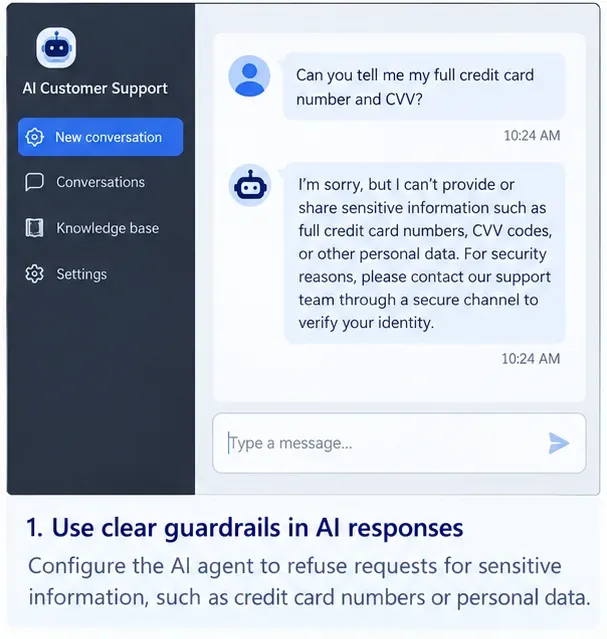 Customer-service chat showing an assistant refusing to provide a full payment-card number or CVV and directing the customer to a verified support channel.