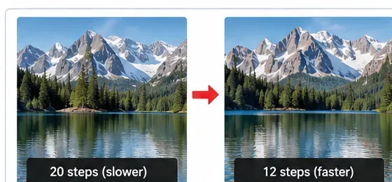 Side-by-side mountain-lake images labeled with a higher and lower sampling-step example