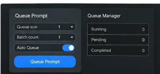 Queue controls showing a single queued job and batch count of one