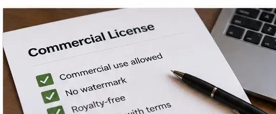 A commercial-license checklist on a desk beside a laptop and pen, showing items for commercial use and watermark conditions.