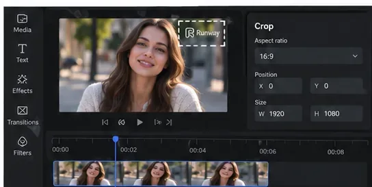 An example desktop video-editing view with a corner mark inside the preview and crop controls beside the timeline.