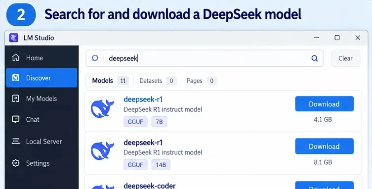 LM Studio Discover screen with DeepSeek entered in the search box and several local-model download choices visible