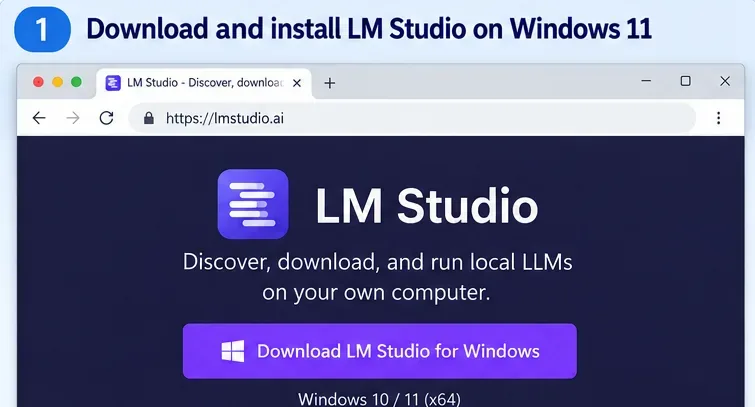 Windows 11 browser view showing the LM Studio download page with a Download LM Studio for Windows button