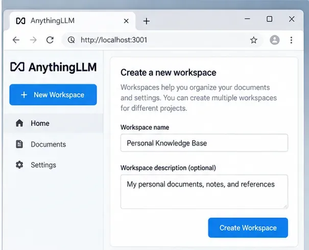 AnythingLLM workspace creation screen in a browser at localhost:3001 with a Personal Knowledge Base name field.