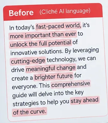A writing sample labeled Before with phrases such as fast-paced world, unlock the full potential, cutting-edge technology, meaningful change, and stay ahead of the curve highlighted as clichés.