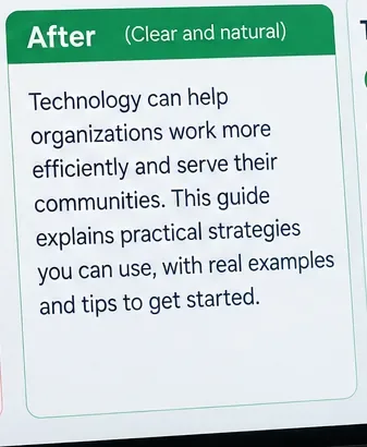 An After writing sample using direct language about organizations working efficiently, practical strategies, real examples, and useful tips without stock promotional phrases.