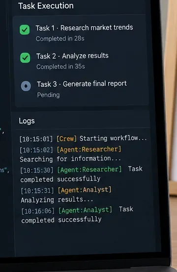 Task execution panel and logs showing completed research and analysis steps in a developer workflow