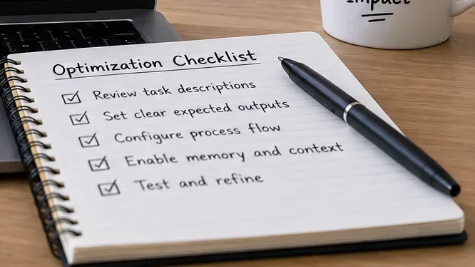 Notebook labeled Optimization Checklist with items for reviewing task descriptions, expected outputs, process flow, memory, context, and testing