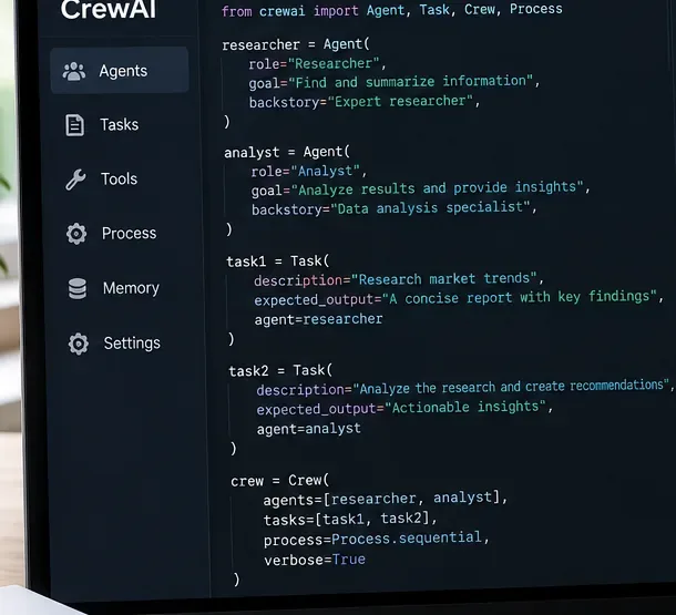 Developer workspace showing separate CrewAI researcher and analyst task definitions in a code editor