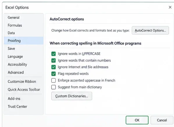 Excel Options Proofing page showing AutoCorrect controls
