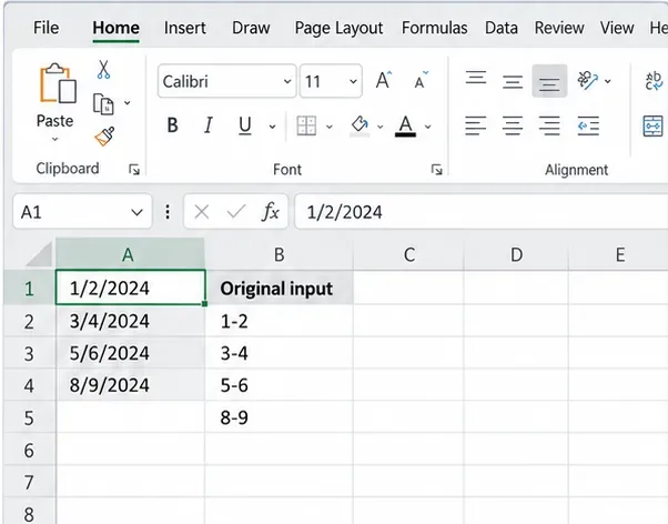 Excel-style worksheet showing hyphenated entries such as 1-2 beside example cells that have been interpreted as dates