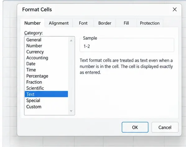 Format Cells dialog with the Text category selected