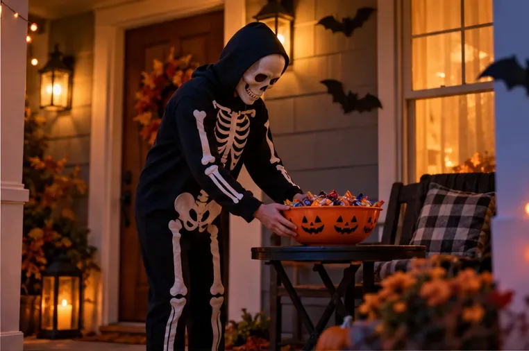 A person in a skeleton costume sets an orange candy bowl on a small table by the porch