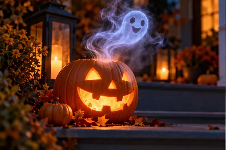 A smiling translucent ghost-shaped wisp floats above a glowing carved pumpkin
