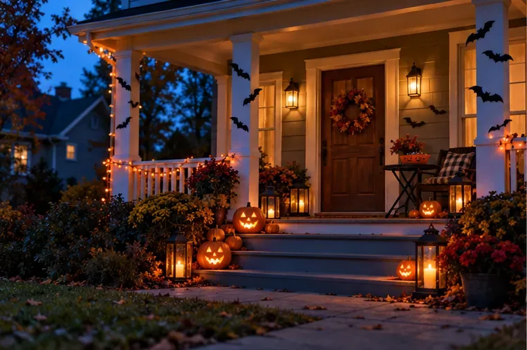 A warmly lit suburban porch at dusk decorated with carved pumpkins, lanterns, and paper bats