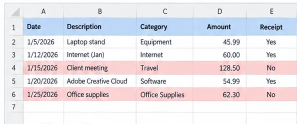 Excel expense tracker with a Receipt column and highlighted rows where receipt support is missing