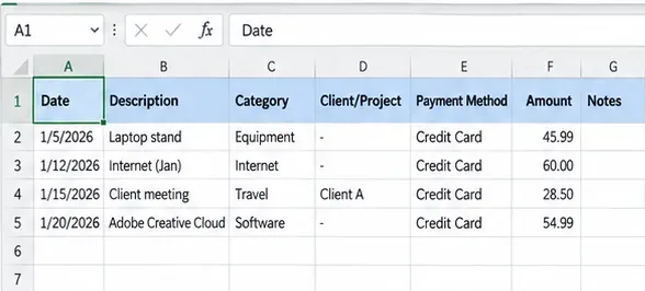 Excel freelancer expense tracker with columns for date, description, category, client or project, payment method, amount, and notes