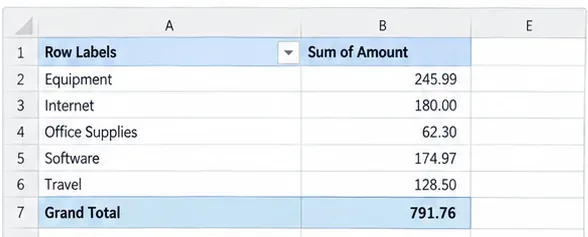 Excel PivotTable-style expense summary showing category totals for equipment, internet, office supplies, software, and travel