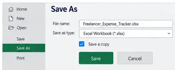 Excel Save As screen with a freelancer expense tracker workbook name and Excel Workbook file type
