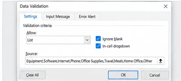 Excel Data Validation dialog with a dropdown source containing freelancer expense categories such as equipment, software, internet, phone, office supplies, travel, meals, home office, and other