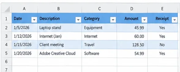 Excel expense ledger formatted as a table with filter buttons in the date, description, category, amount, and receipt headers