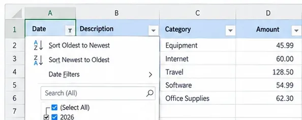 Excel expense table with the Date filter menu open, including date filters and a selected year