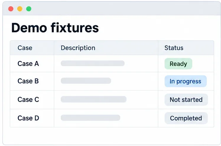 A simple demo fixture table with fictional cases A through D and status labels.