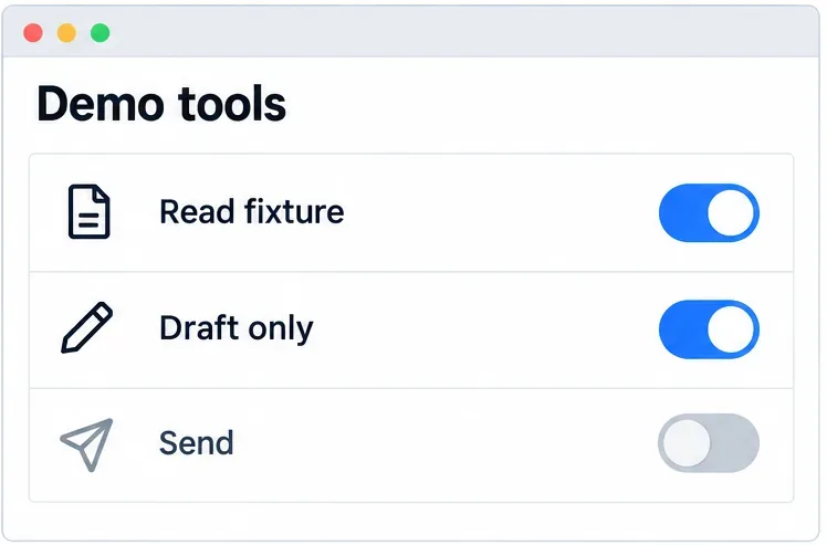 A generic demo tool list with Read fixture and Draft only enabled and Send disabled.