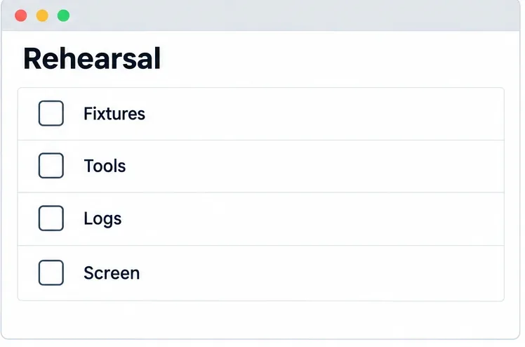 A generic rehearsal checklist with separate entries for Fixtures, Tools, Logs, and Screen.