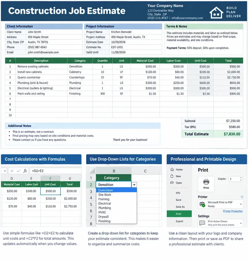 Printable Construction Job Estimate Template for Excel: A Practical Setup for Small Contractors