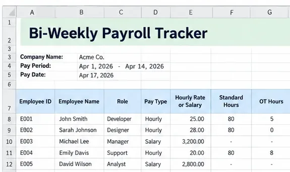 Simple Bi-Weekly Payroll Tracker Excel Template for Small Teams
