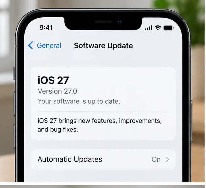 Illustrative iPhone Software Update screen showing iOS 27 installed