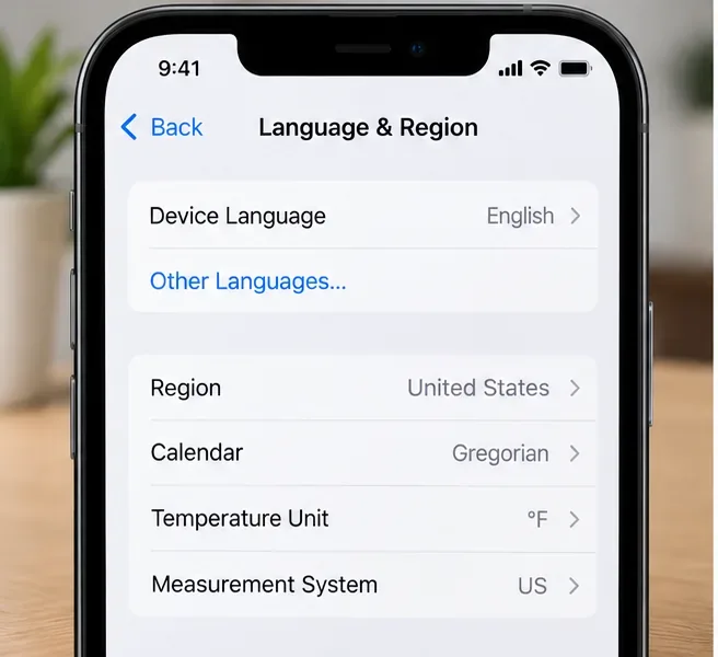Illustrative iPhone Language and Region settings screen with device language and region visible