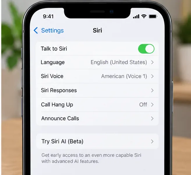 Illustrative Siri settings screen showing language controls and a Try Siri AI Beta option