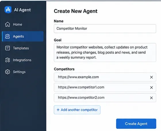 Conceptual AI agent configuration for a weekly competitor monitoring workflow