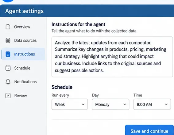 Conceptual AI agent instructions panel defining evidence requirements, analysis rules, and a weekly schedule